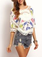 Romwe Multicolor Hollow Feather Print Loose Top