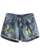 Romwe Blue Roll Cuff Letter Patch Ripped Hole Denim Shorts