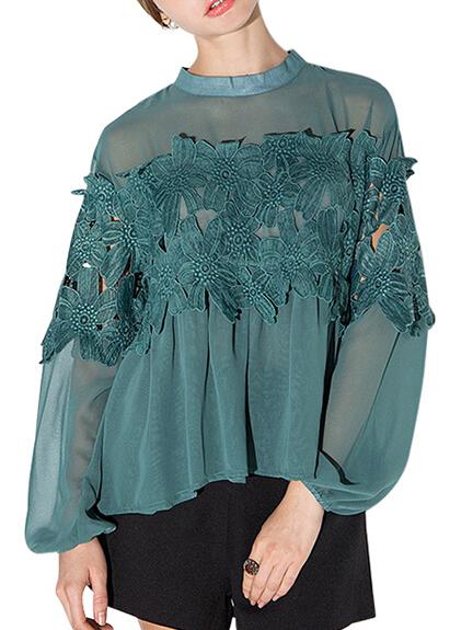 Romwe Puff Sleeve Lace Insert Chiffon Blouse