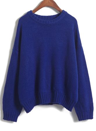 Romwe Royal Blue Long Sleeve Loose Knit Sweater