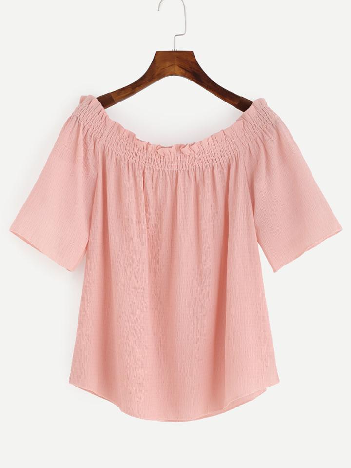 Romwe Pink Smocked Off The Shoulder Top