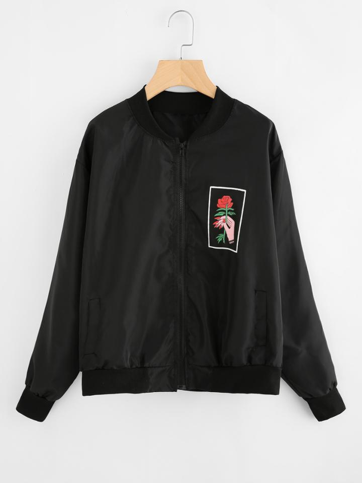 Romwe Graphic Print Zip Up Jacket