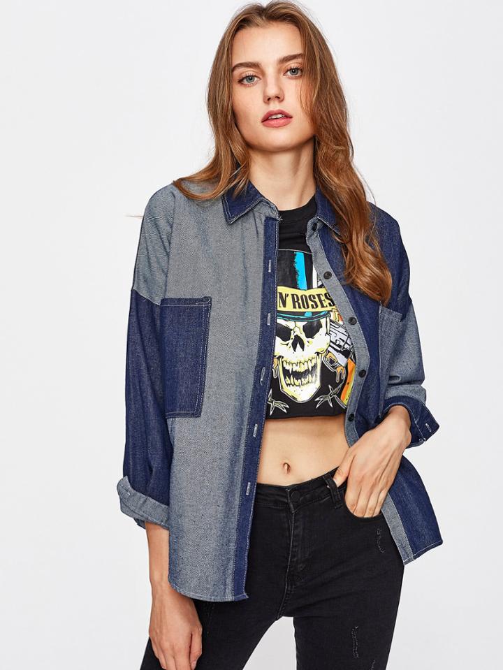 Romwe Curved Hem Paneled Denim Shirt