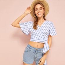 Romwe Knot Side Stripe Wrap Blouse