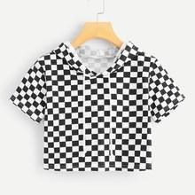 Romwe Gingham Drawstring Hooded Tee