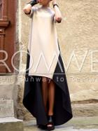 Romwe Apricot Black Color Block High Low Dress