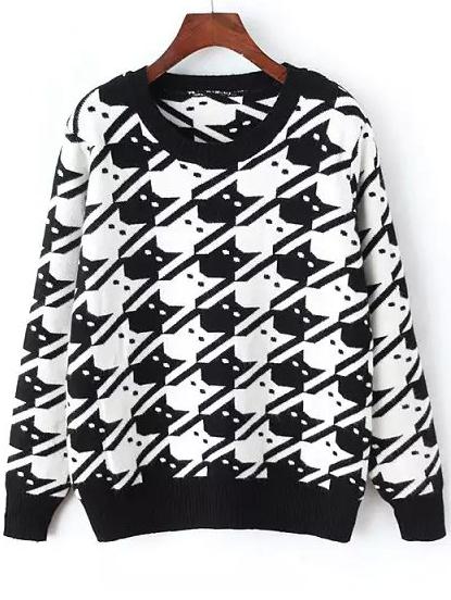 Romwe Cat Print Black White Sweater