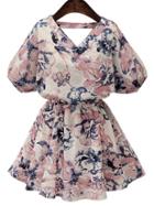 Romwe Pink V Neck Lantern Sleeve Florals Dress