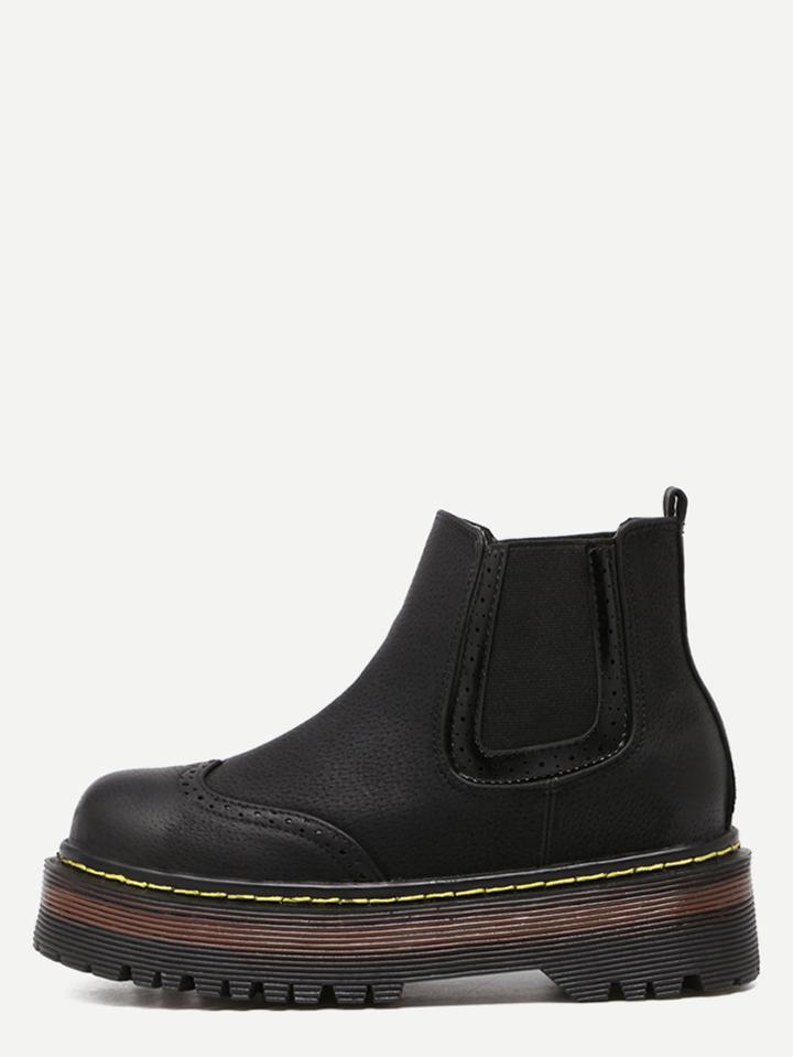 Romwe Black Wingtip Faux Leather Elastic Flatform Ankle Boots