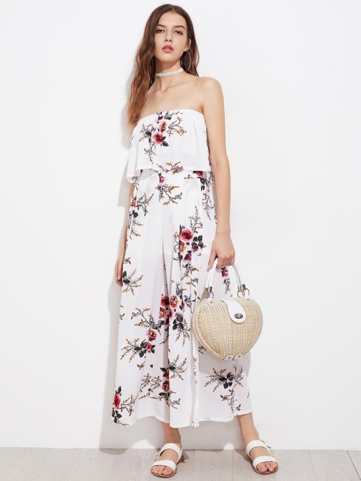 Romwe Allover Florals Bandeau Top With Split Skirt