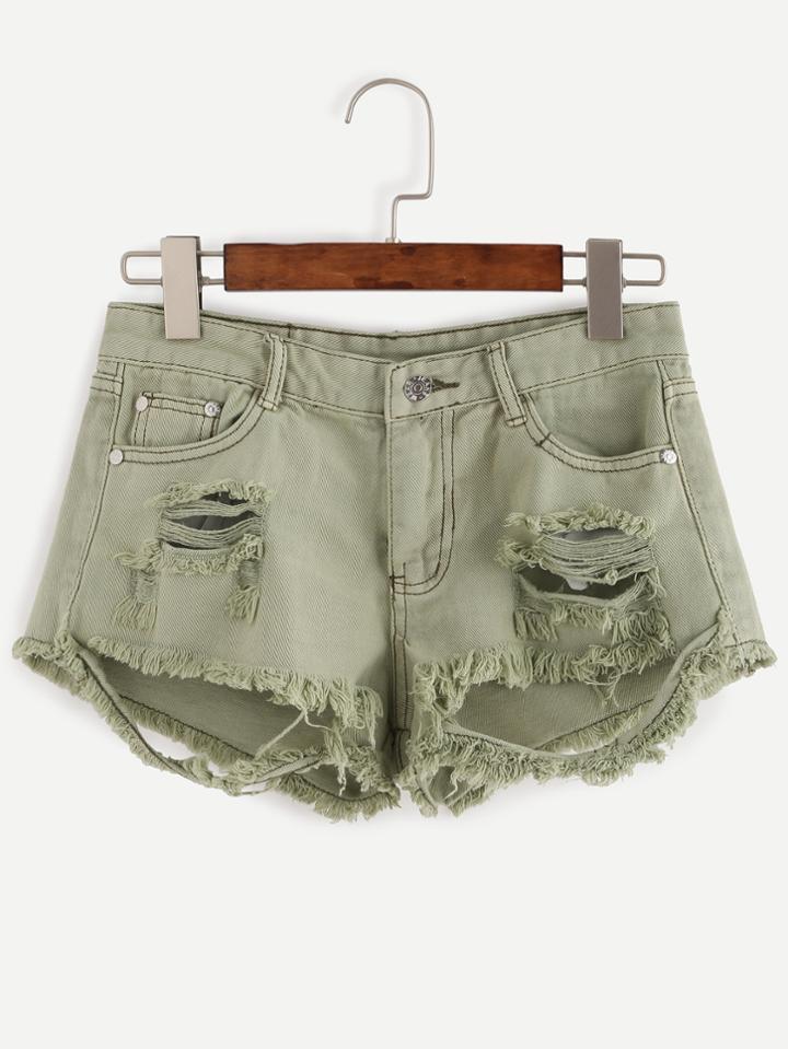 Romwe Olive Green Ripped Frayed Denim Shorts