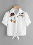 Romwe Floral Embroidered Knot Front Blouse