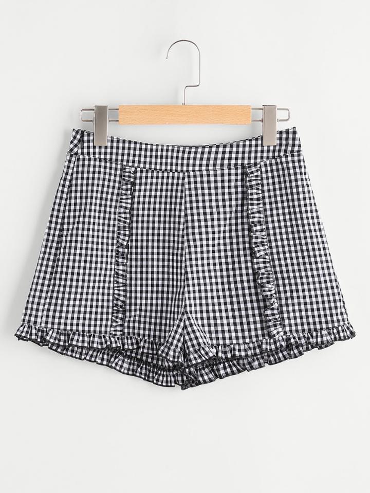 Romwe Zip Side Frill Detail Gingham Shorts