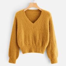 Romwe V-neck Fluffy Jumper