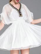 Romwe White V Neck Beading Sheer A-line Dress