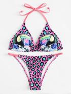 Romwe Bird Print Leopard Bikini Set