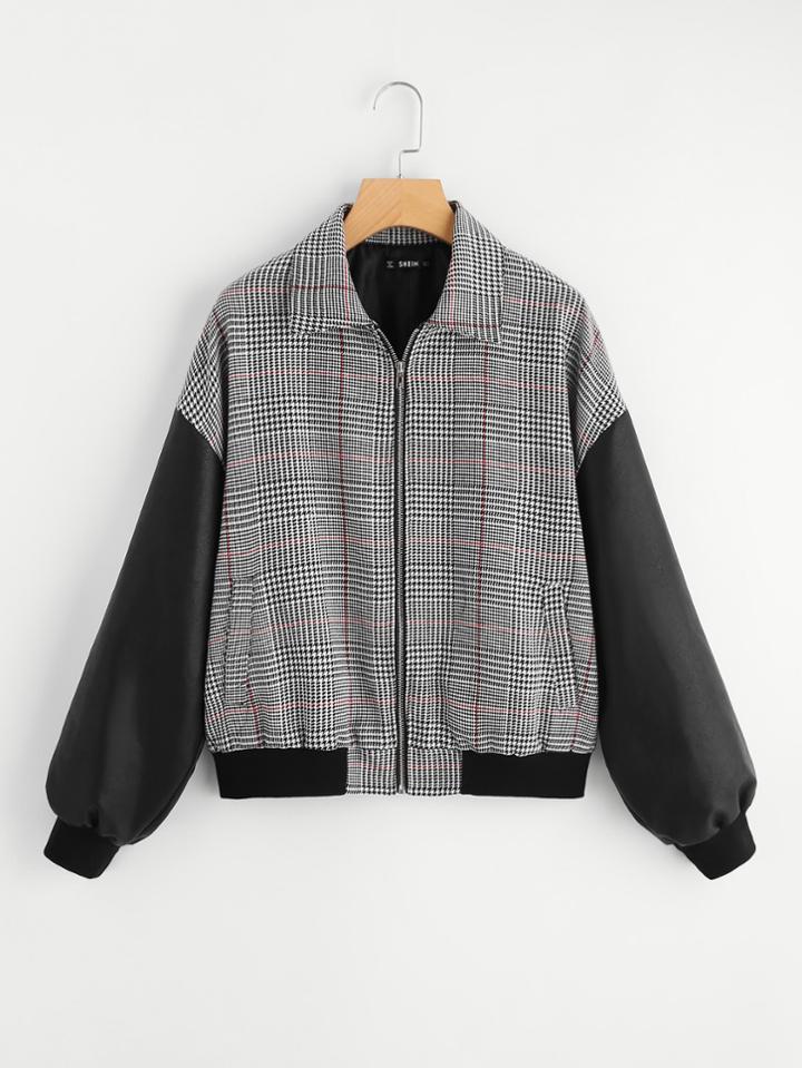 Romwe Contrast Sleeve Plaid Jacket