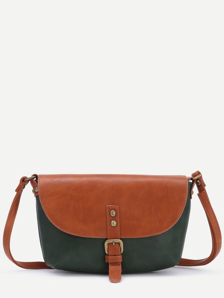 Romwe Color Block Faux Leather Front Flap Buckle Shoulder Bag