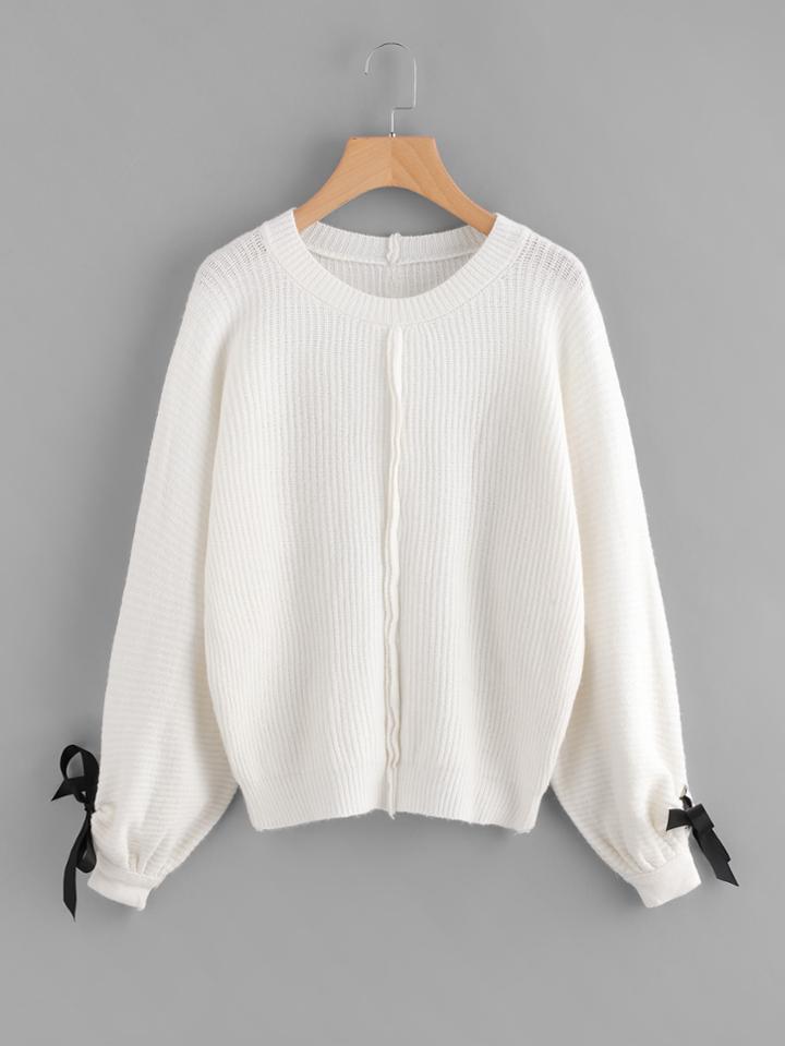 Romwe Tie Cuff Seam Detail Ribbed Sweater