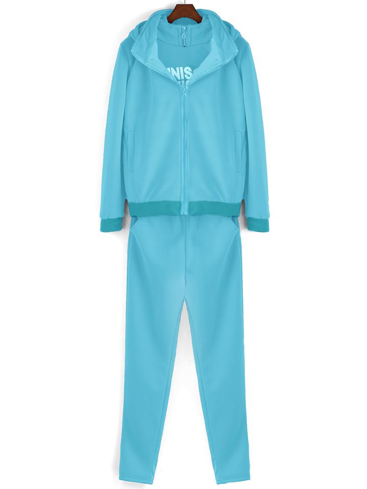 Romwe Hooded Letters Print Two Pieces Top With Blue Pant
