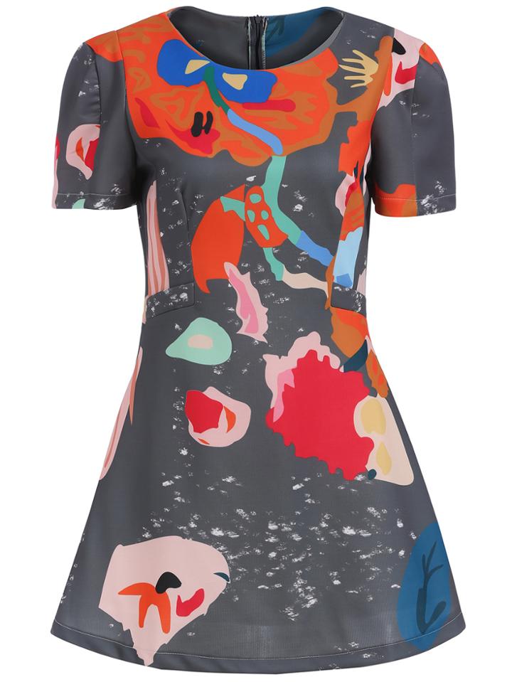 Romwe Short Sleeve Graffiti Print Flare Dress