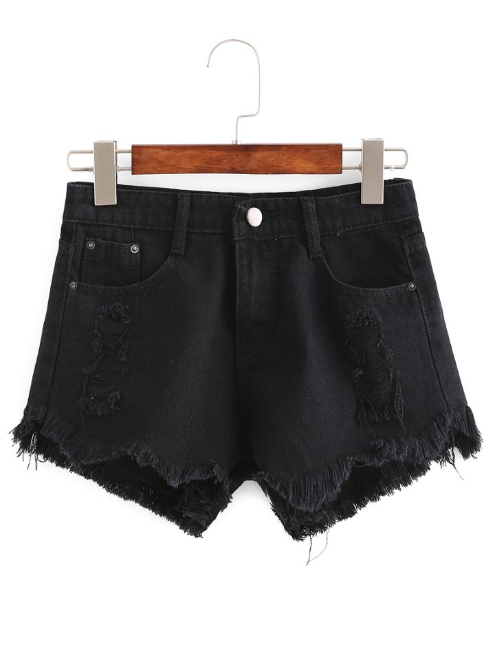 Romwe Ripped Raw Hem Black Denim Shorts
