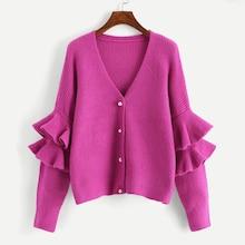 Romwe Neon Pink Tiered Bell Sleeve Pearl Buttoned Knit Coat