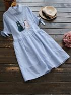Romwe Cat Embroidered Striped Knot Cuff Shirt Dress