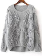 Romwe Grey Fringe Detail Dip Hem Mohair Sweater