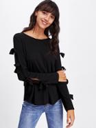 Romwe Knotted Bow Slit Sleeve Solid Tee