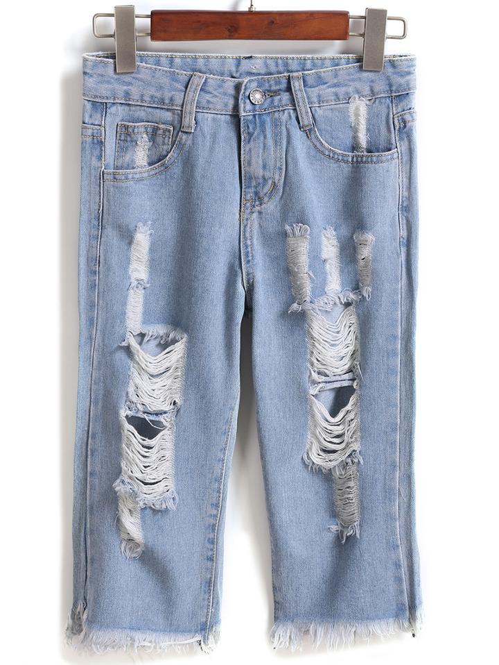 Romwe Ripped Fringe Slim Denim Pale Blue Shorts