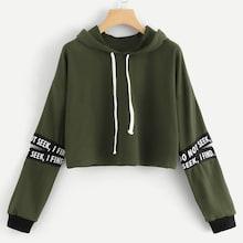 Romwe Letter Tape Cut Out Sleeve Hoodie Sweatshirt