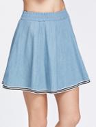 Romwe Blue Striped Trim Elastic Waist Denim Skirt