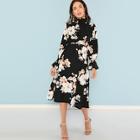 Romwe Mock Neck Pleated Panel Floral Dress