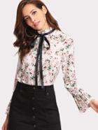 Romwe Botanical Print Tie Neck Ruffle Hem Blouse