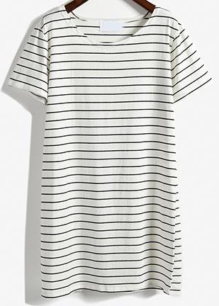 Romwe White Short Sleeve Striped Loose T-shirt Dress