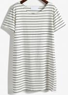 Romwe White Short Sleeve Striped Loose T-shirt Dress