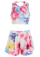 Romwe Back Criss Cross Crop Top With Florals Shorts