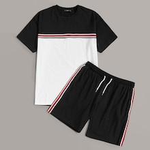 Romwe Guys Striped Tape Color-block Tee & Shorts Set
