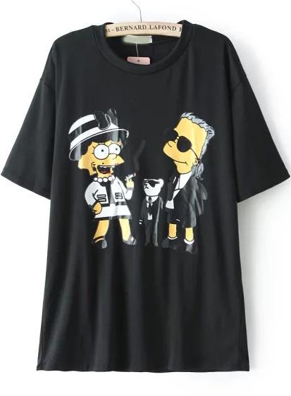 Romwe Black Short Sleeve Simpson Print Loose T-shirt