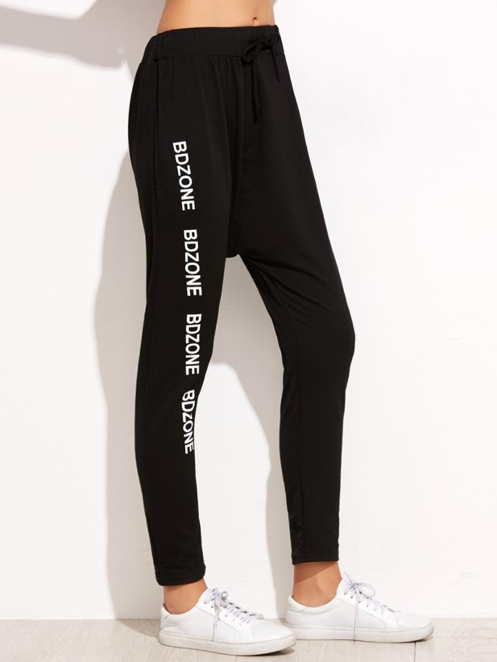 Romwe Black Letter Print Tie Waist Pants