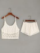 Romwe White Hollow Out Crochet Cami Top With Shorts