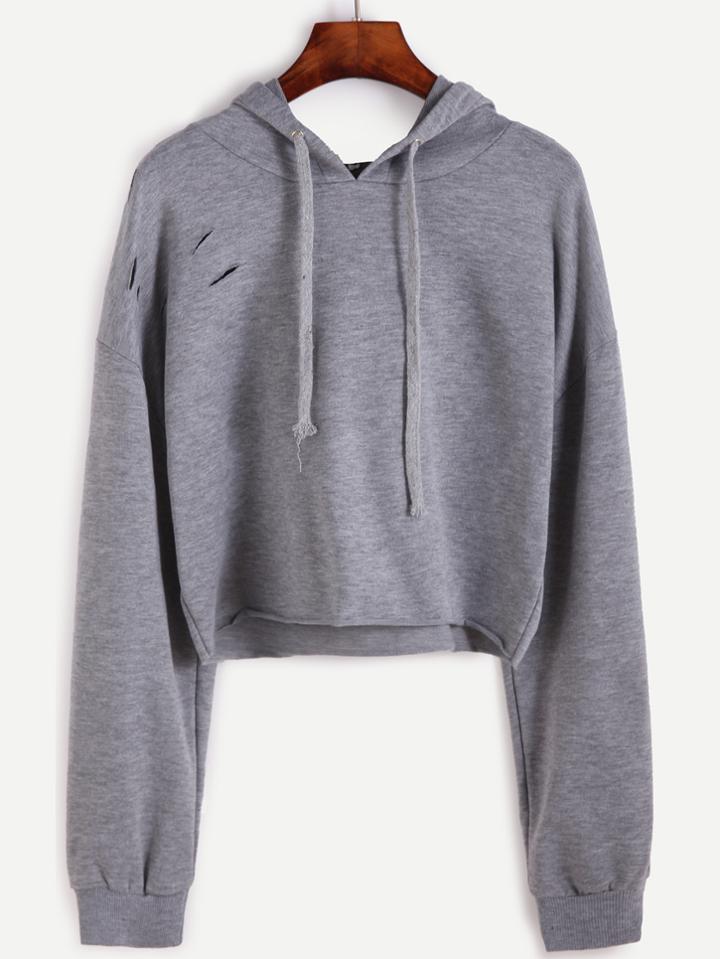 Romwe Drop Shoulder Ripped Drawstring Hooded Crop Sweatshirt