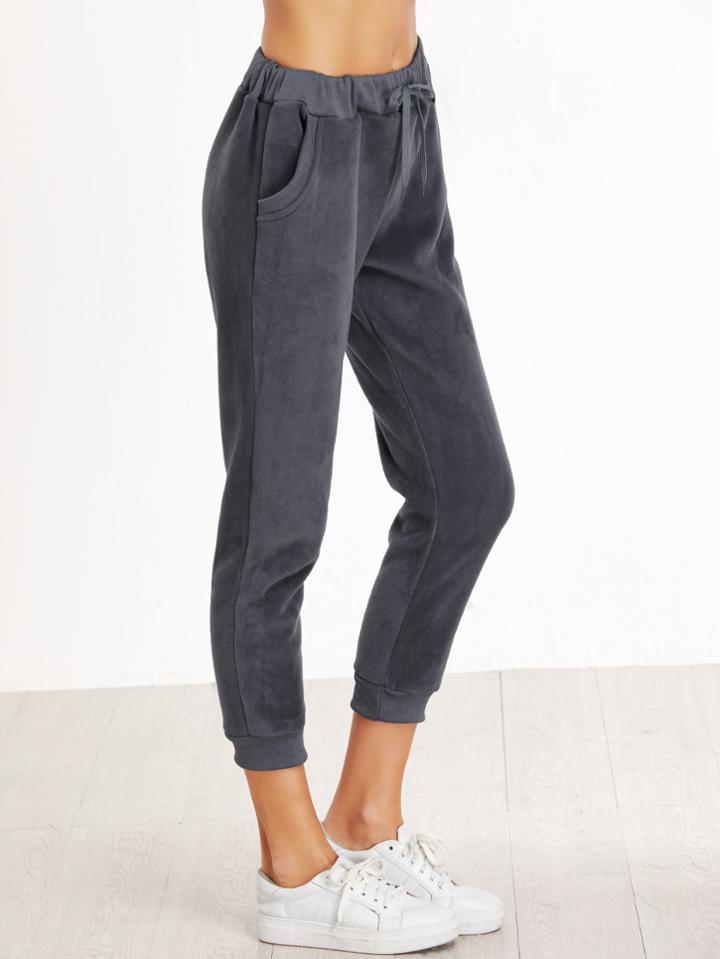 Romwe Deep Grey Velvet Drawstring Waist Pockets Pants