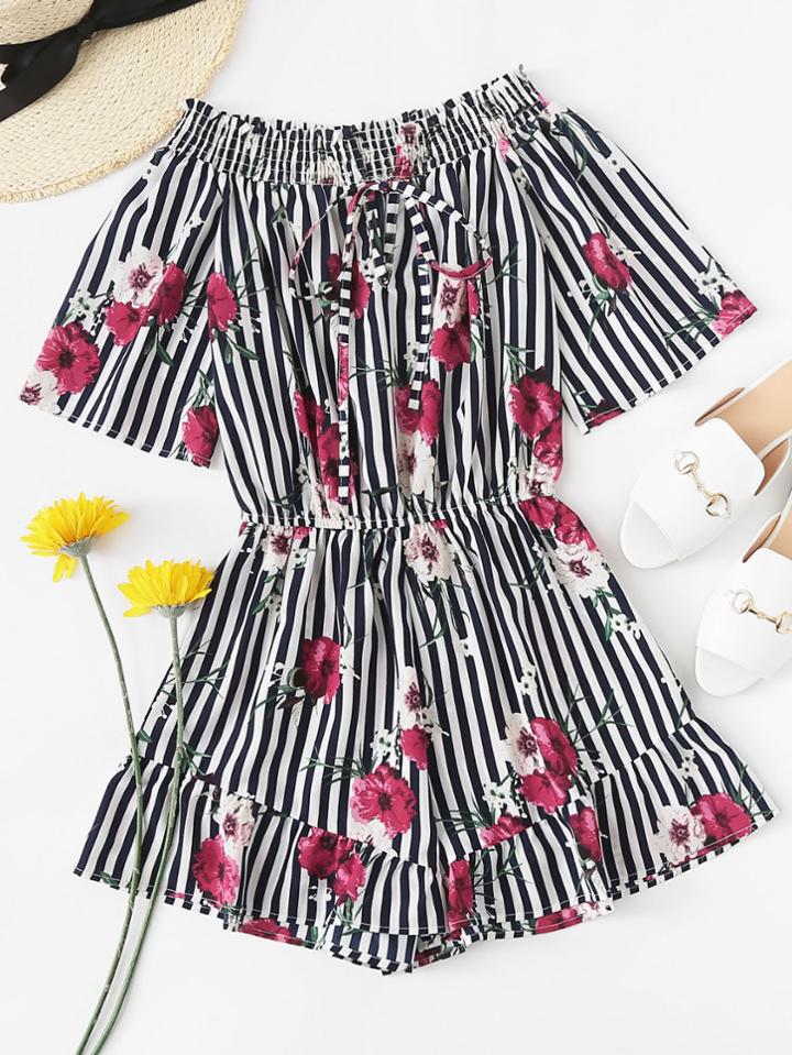 Romwe Off Shouldered Floral Striped Romper