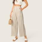 Romwe Buttoned Front Raw Hem Wide Leg Striped Pants