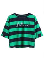 Romwe Contrast Striped Letter Print Roll Sleeve T-shirt