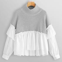 Romwe Ruffle Detail Mixed Media Sweater