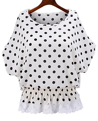 Romwe Bat Sleeve Polka Dot Lace Hem White Top