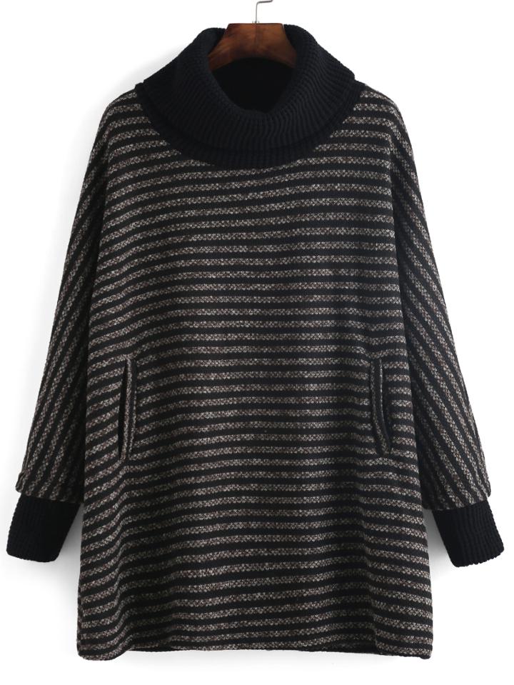 Romwe Turtleneck Striped Pockets Khaki Sweater